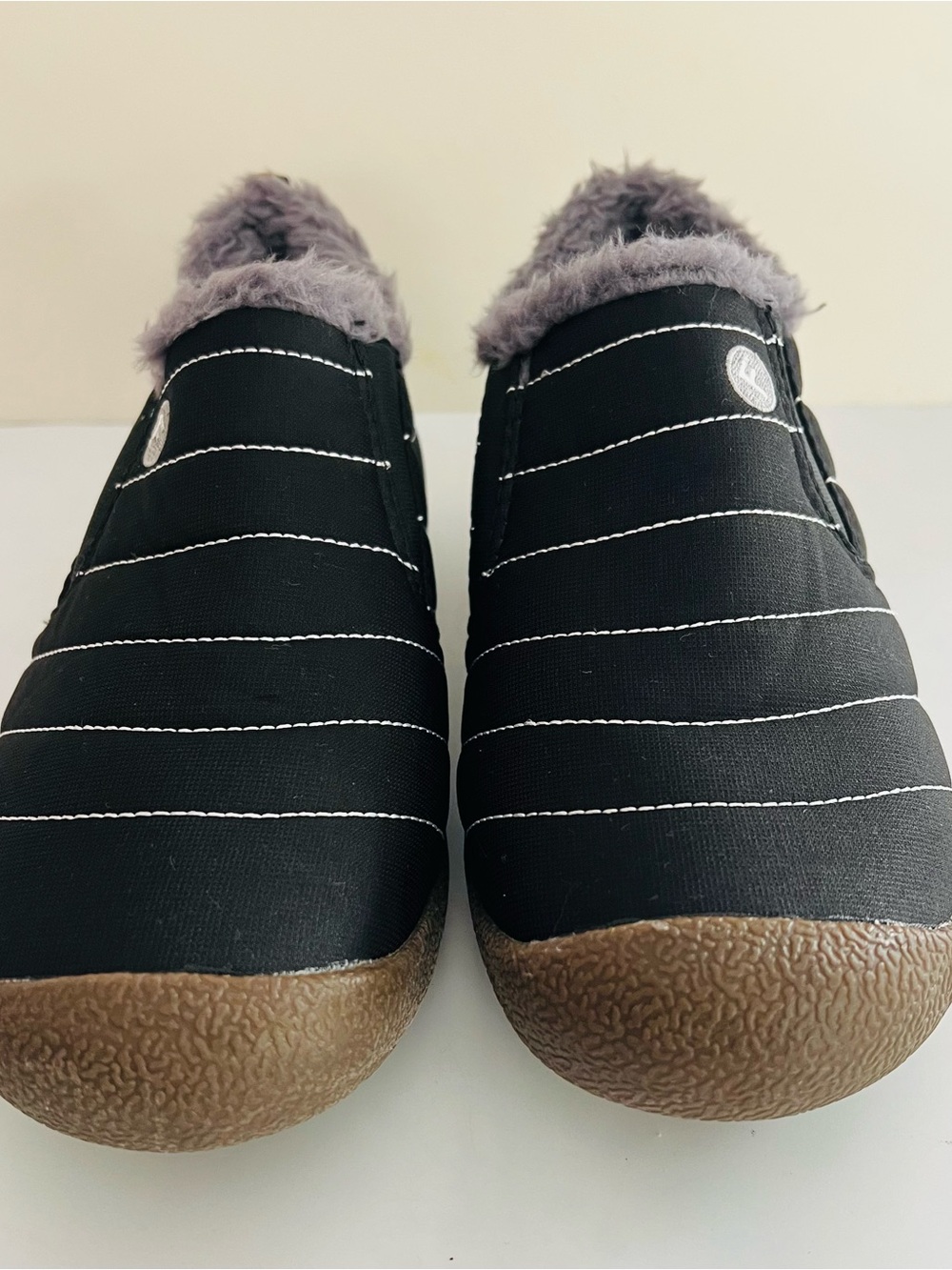Women waterproof Black Slip-On Winter Outdoor Indoor Booties- Gray Fleece Lining